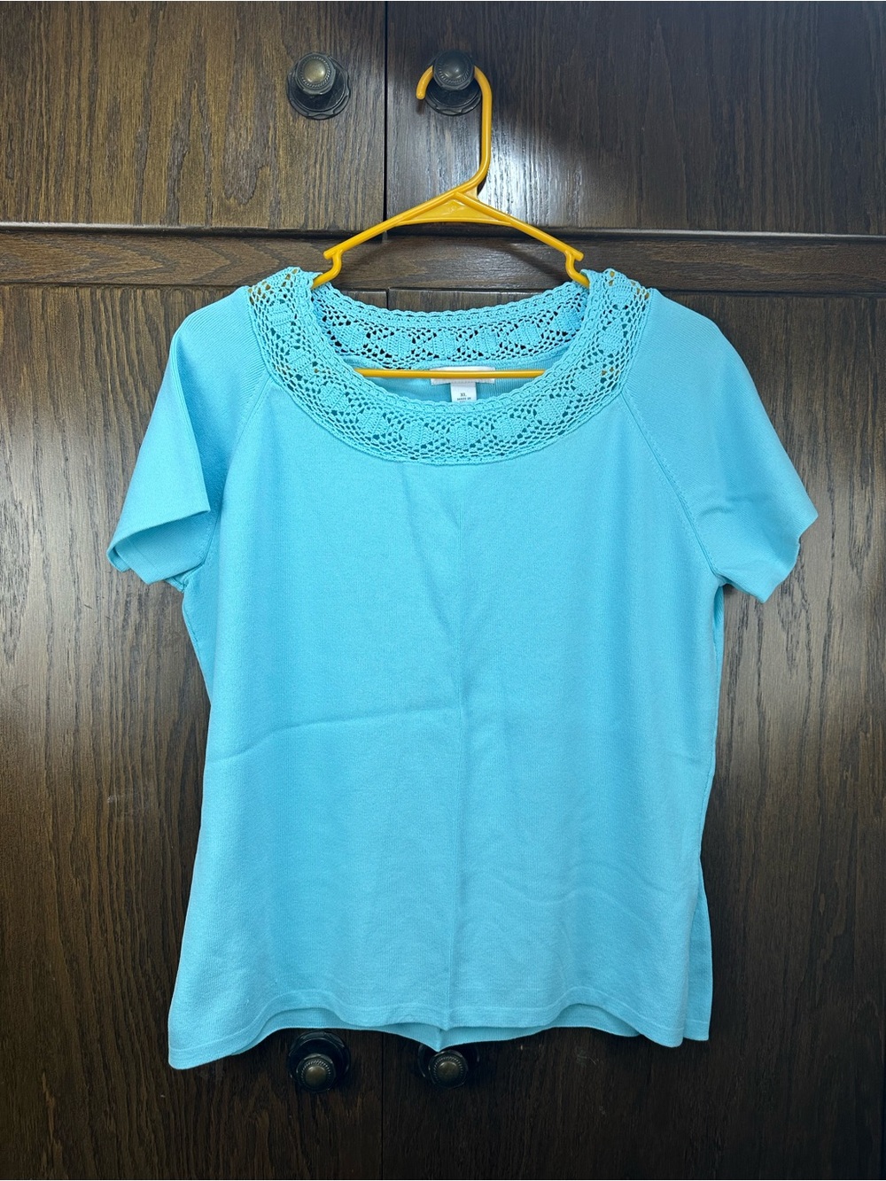DressBarn Women's Crochet-Trim Short Sleeve Top - Turquoise